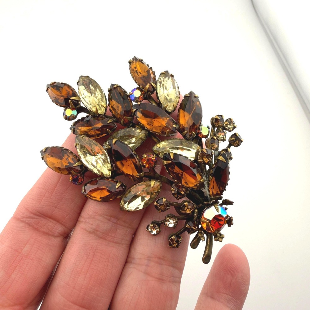 Vintage Amber Citrine Rhinestone Brooch Marquise Leaf Spray Pin Aurora Borealis